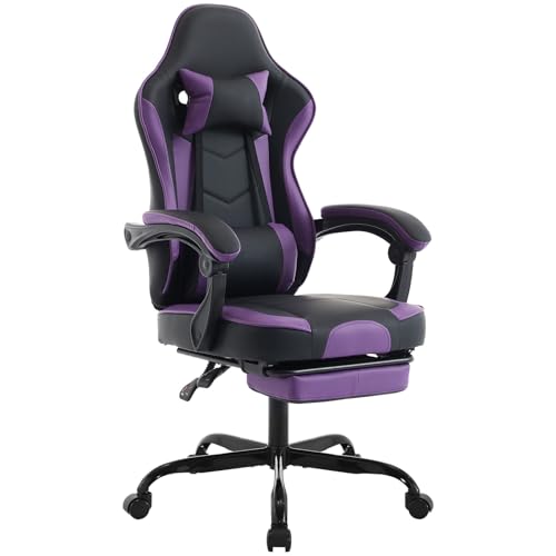 Leather Ergonomic Gaming Chair with Footrest, Comfy Massage Gaming Chair with Comfortable Headrest & Lumbar Support for Adults Kids Women Men Boys, 300 LBS Capacity (Black+Purple)