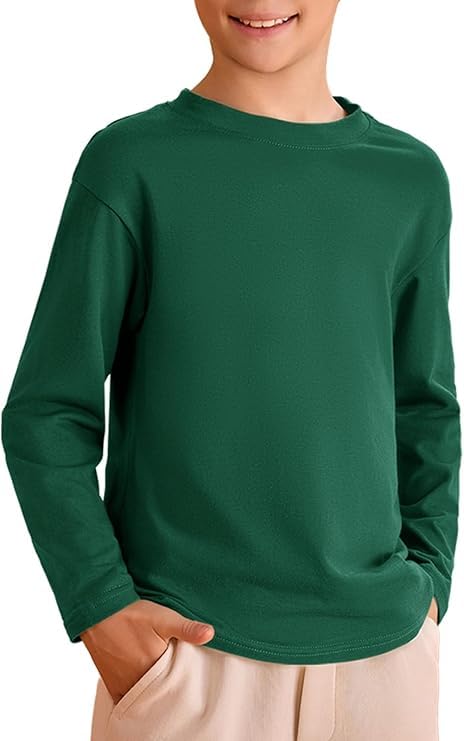 Haloumoning Jungen Langarm T-Shirt Kinder Rundhals Einfarbig Langarmshirt Basic Freizeit Oberteile Sport Tees Tops, Grün, 7-8 Jahre