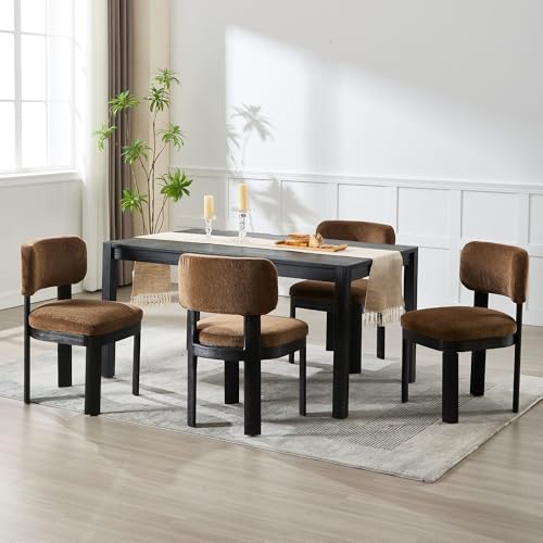 Wahson Brown Upholstered Dining Chairs Set of 4, Mid Century Modern Fabric Dining Room Chairs with Hardwood Legs and Padded Back, Farmhouse Kitchen Chair Cozy Accent Chair