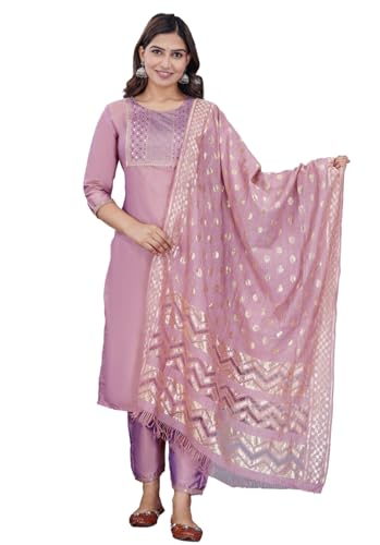 Image of Women's Silk Embroidered Kurta with Pant and Dupatta Set, Straight Style