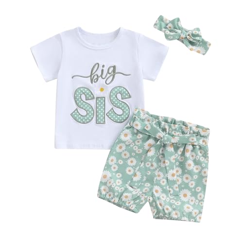 Image of Bonangber Big Sister Little Sister Matching Outfits Short Sleeve Romper Big Sister Shirt Shorts Set 3Pcs Summer Clothes
