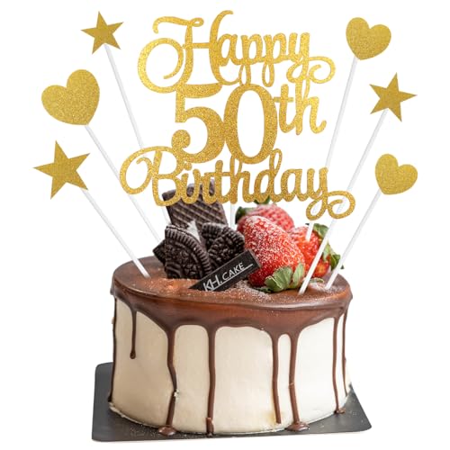 50th Birthday Cake Decorations 7Pcs Personalised Happy 50th Birthday Cake Topper with Heart Star Cupcake Picks Gold Glitter Happy 50 Years Old Birthday Sign for Birthday Party Supplies