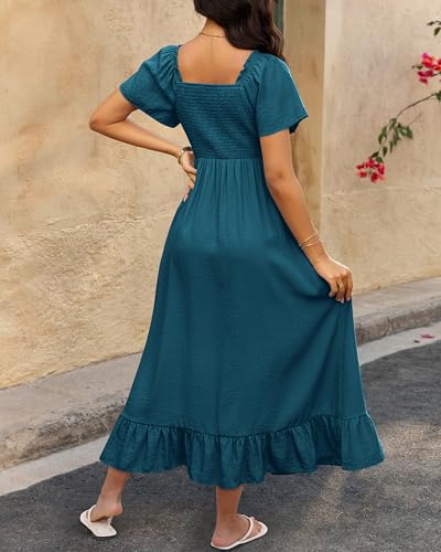 Image of BTFBM Womens Summer Dresses 2026 Casual Short Sleeve V Neck Drawstring Wedding Guest Maxi Dresses Boho Beach Long Dress