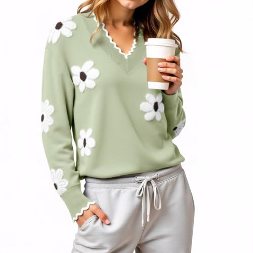 Cute Fall Flower Sweaters for Women, Casual Long Sleeve Pullover V Neck Lightweight Crochet Chunky Knit Pullover Jumper Tops3