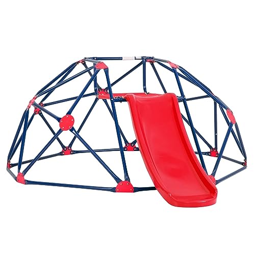 LIFEZEAL Cupola da Arrampicata con Scivolo, Struttura in Metallo per Cortile, Centro Attività con Scaletta da Arrampicata e Piattaforma in Tessuto, Parco Giochi Esterno per ragazzi 3-10 Anni (ROSA)