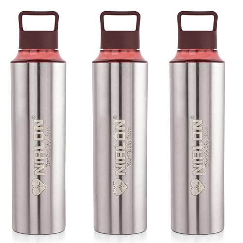 Image of NIRLON Eco Pure Single Wall Stainless Steel Water Bottle, Water Bottles For Fridge Pack of 3 |Leak Proof|Office|Gym Bottle|Home|Kitchen|Hiking|Treking Bottle|Travel Bottle [Brown Color|900ml]