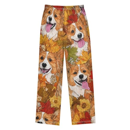Corgi Dog Autumn Flowers Boys Long Pants Soft Trousers Elastic Waist Kids Lounge Bottoms with Pockets S-XL2