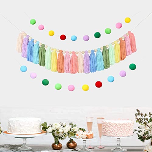 2 Pcs Boho Tassel Garland, Wall Hanging Decor Pastel Rainbow Tassel Banner With Wood Beads Pom Poms Balls For Home Party Baby Shower Supplies Girls Bedroom Nursery Room Classroom Decoration #TOP6