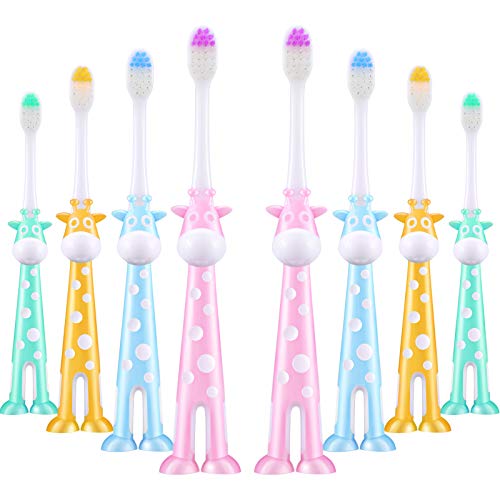 8 Pieces Kids Toothbrush Cartoon Children Toothbrush Deer Design Toothbrush Extra Soft Toothbrush with Suction Cup for Boys and Girls 2 to 8 Years Old, 4 Colors