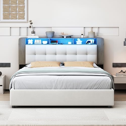 PerGar Bett 140x200, Doppelbett Polsterbett Funktionsbett mit LED-Beleuchtung und Kabelloses Laden, Kopfteil mit Stauraum, Bettgestell Stauraumbett mit Lattenrost, Samt, Ohne Matratze, Cremefarben – Bild 5