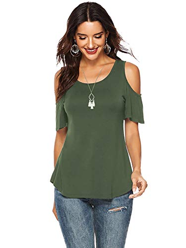 Amoretu Camisetas Cuello Redondo Manga Corta Cold Shoulder Tops Camiseta Suelta Sólida Ejercito Verde S