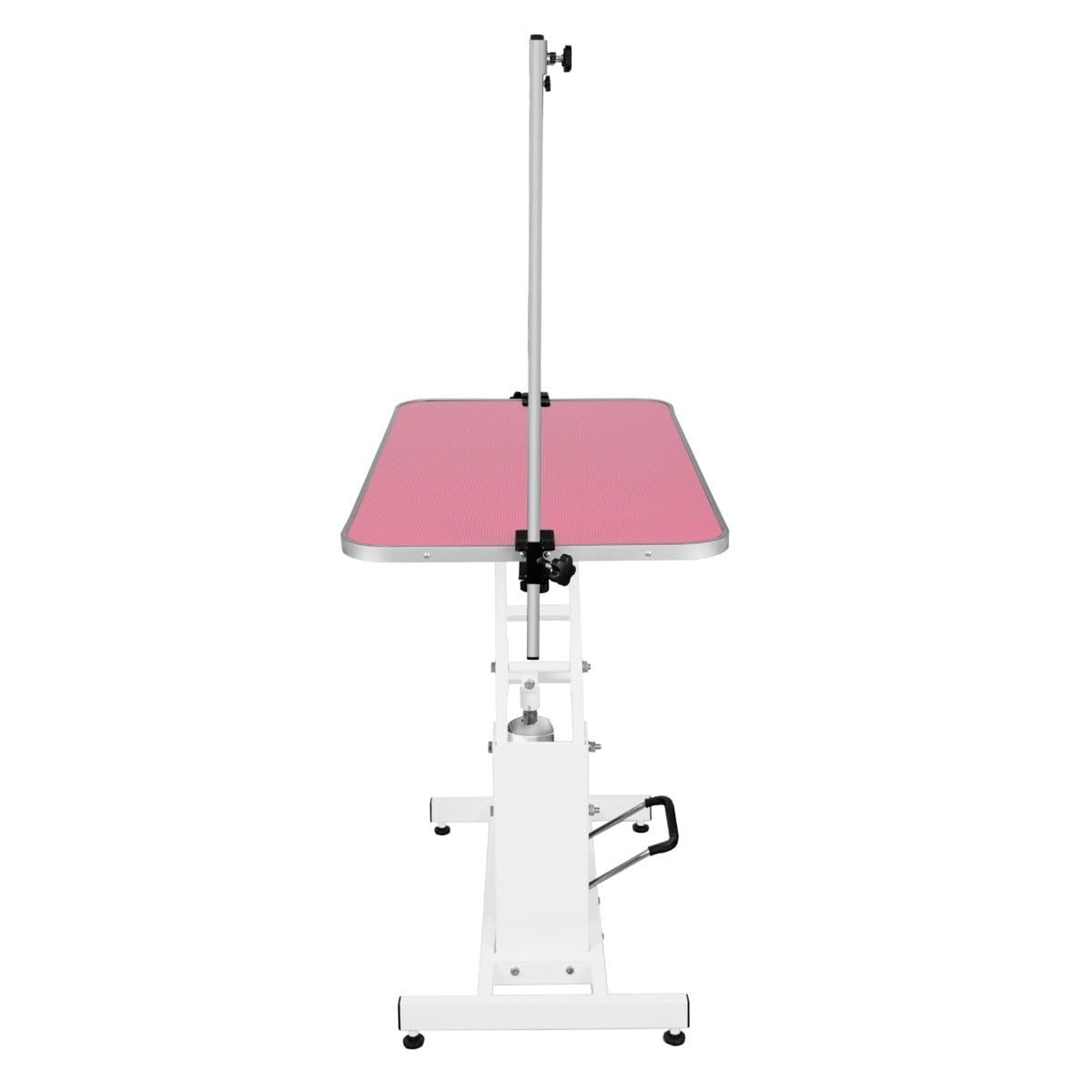 Table Toilettage Hydraulique - Cadre Acier Blanc Robuste & Plateau Antidérapant Rose 106 x 61cm - Hauteur 55 à 100cm - Capacité 180 kg - Toilettage Chien Animaux Professionnel.[3 Sangles INCLUSES]