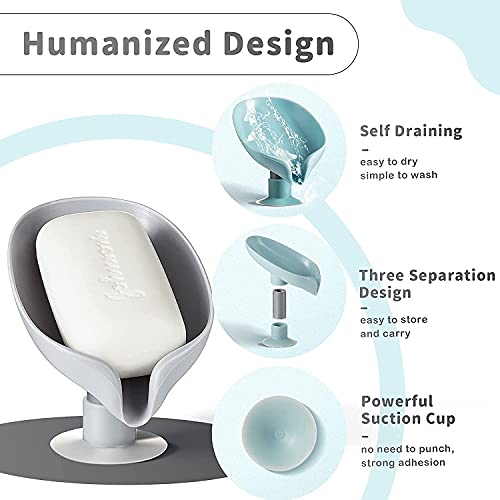 Image of Soap Dish Holder Self Draining Soap Holder Leaf Shape Bar Soap Holder Soap Saver with Suction Cup for Shower Bathroom Tub Kitchen Sink Plastic Tray Holder (2 Pack)