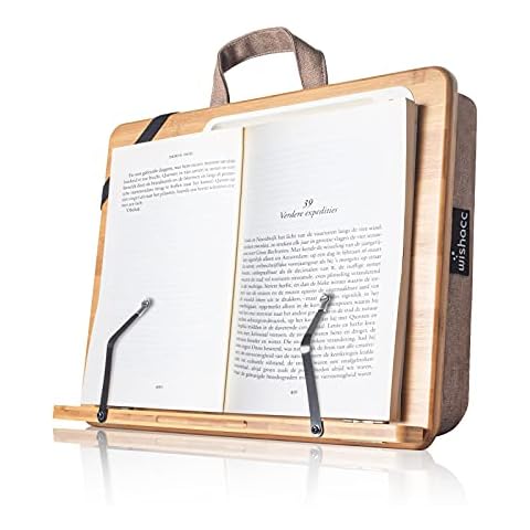 wishacc Book Stand for Reading in Bed, Bamboo Wood Lap Reading Holder with Page Paper Clips for Reading Hands Free, Portable Reading Shelf for Reading Cookbooks, Textbooks, Bibles in Bed/Sofa/Couch Cover