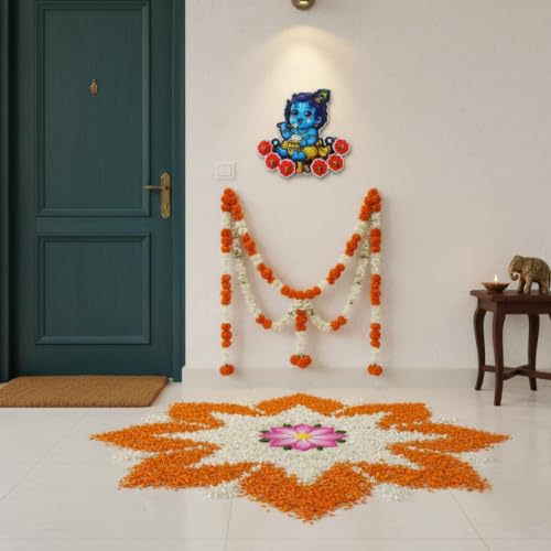 Image of Cute Krishna Wall-Mounted Key Holder, Peacock Feather & Floral Art, 20x25 cm, 7 Hooks, Pink UV Printed Design, Decorative Key Stand - Home & Office (Red Blue Krishna)