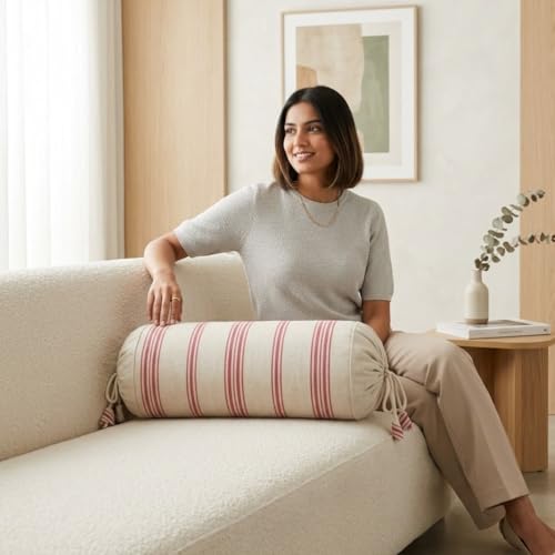 Image of SAJAVAT HOME 100% Cotton Striped Bolster Cover Pack of 2 15x30 | Textured Round Side Pillow Covers for Sofa, Bed & Diwan | Soft Breathable Bolster Pillow Covers | Beige & Red