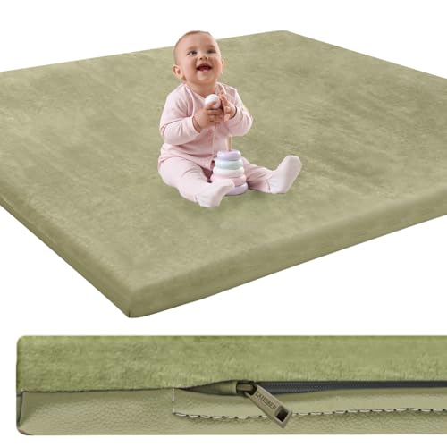 Image of LANSBER Padded Baby Play Mat for Floor,1.2" Thick 50x50 Play Crawling Mat with Removable Washable Cover,Non Slip Soft Nursery Rug for Toddlers,Infants,Kids, Easy to Clean Yoga Mat, Sage Green