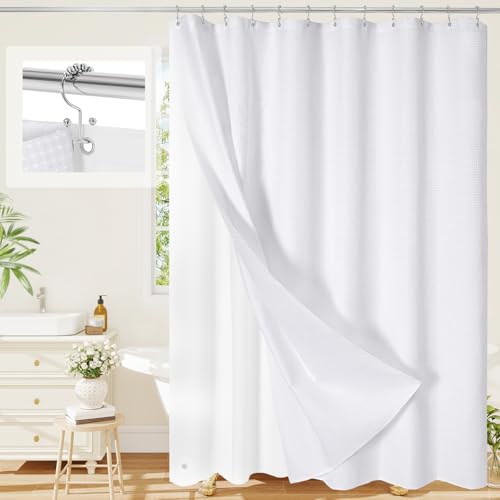 Craidlela 3 in 1 White Shower Curtain Set Waterproof Fabric Modern Shower Curtain with PEVA Liner & 12 Stainless Steel Double-Sided Hooks Hotel Style Bathroom Decor 72 x 72