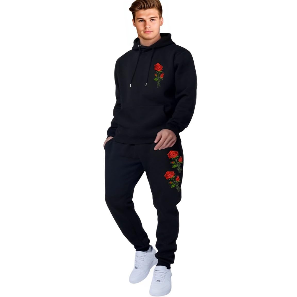 Polyester Black Tracksuit for Men | Full Sleeve Hooded Neck | Rose Embroidered Sweatshirts & Trackpants Suit | Solid Casual Co-set-image-46
