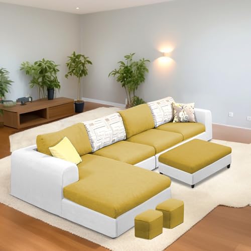Image of Koza LHS 8 Seater L Shape Sofa Set with Center Table for Living Room (Yellow Grey Fabric) Premium Fabric Sofa