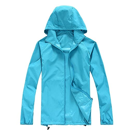 Chaqueta impermeable con capucha para mujer, ligera, plegable, funcional, cortavientos, para correr, al aire libre, color sólido, deportes, senderismo, lluvia, azul claro, L
