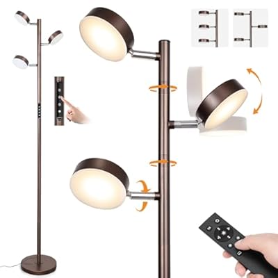 JUNNAI Dimmable LED Floor Lamp, Modern Tall Standing Lamp with Remote & Touch Control, 4 Color Temperatures, 3 Rotatable Light Tree Floor Lamps for Living Room Bedroom Office Reading, Brown
