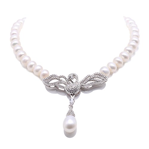JYX Pearl Pendant Swan Necklace AA+ Quality Gorgeous Genuine 6-7mm White Freshwater Culured Pearl Strand Necklace for Women 20