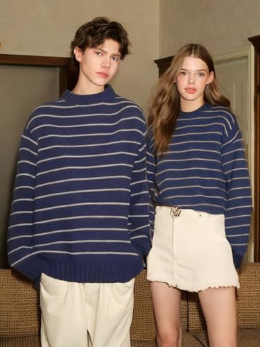 Mens Oversize Stripe Sweater Vintage Casual Loose Crewneck Fall Pullover Jumper Unisex Streetwear Knitted Tops3