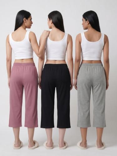 Image of Fflirtygo Women's Cotton Plain Calf Length Capri | Nightwear Pajama | 3 /4th Solid Pyjama Pant | Black Navy and Lavender Lounge Pants | Casual wear & Lounge Wear Capri Combo (Pack of 3)