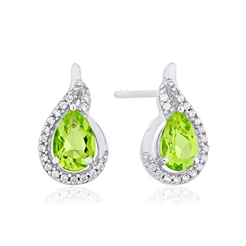 .925 Sterling Silver Pear-Shaped Birthstone & Lab Grown White Sapphire Flame Stud Earrings - August, Lab Created Quartz (Simulated Peridot)