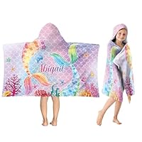 SearchI Kids Hooded Poncho Towels Personalised,Custom Name Girls Mermaid Beach Swim Towel With Hood&Buttons,Quick Dry Soft Microfibre Surfing Baths Water Absorption Sand Proof Poncho Changing Robe