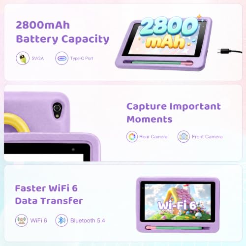 Image of Kids Tablet with Shockproof Case Stylus, Android 16 Tablet for Kids, 24GB RAM 128GB ROM 1TB TF Card Expand, Parental Control, Eye Protection, Dual Camera, 7 inch Tablet, WiFi 6 BT5.4, Purple
