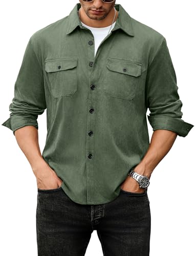 Image of ZAFUL Men's Faux Suede Button Down Shirts Jacket Lightweight Shirt Jacket Long Sleeve Work Coat Solid Color Overshirt