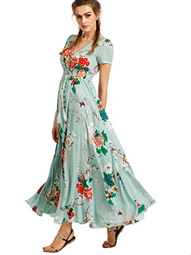Milumia Women Button Up Floral Print Party Split Flowy Maxi Dress Light Green X-Small #TOP3