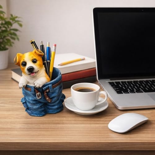 Image of Resin Cute Dog Decorative Pen Stand, Office Desk Organizer for Kids Study Table, Stationary Holder Gift, Blue Denim Design