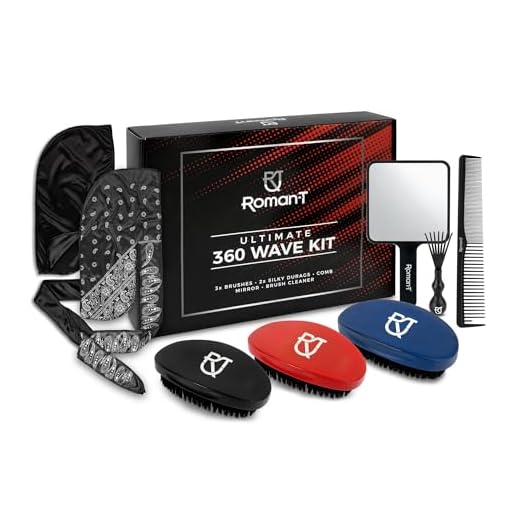 Roman-T 8-in-1 360 Wave Brush Kit - Brush Set for 360 Waves - 3 Wave Brushes, Soft, Medium & Hard - 2 Silky Satin Durag - Black & Black Paisley, Hand Mirror, Comb, Hair Brush Cleaner - Gift Set