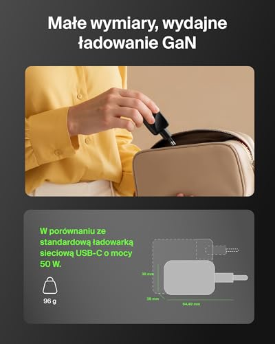 Belkin 2-portowa Ładowarka USB-C 50 W, Ładowarka GaN z 2 Portami USB-C, Szybkie Ładowanie Urządzeń MacBook, iPhone 17, iPad Pro, Chromebook, Galaxy S25 Ultra, Pixel 10 – Akcesoria Podróżne – Czarna