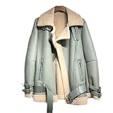 Veste d'hiver en cuir synthétique pour femme - Épais et chaud - En laine d'agneau - Tendance - Pour moto, Vert haricot., Large