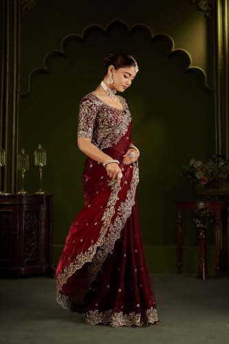Image of DESTY Saree with Intricate Gold Embroidered Border & Designer Blouse