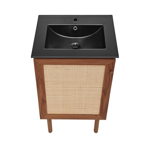 Image of Swiss Madison Classe 18 in. Brown Oak Bathroom Vanity with Black Ceramic Sink Top