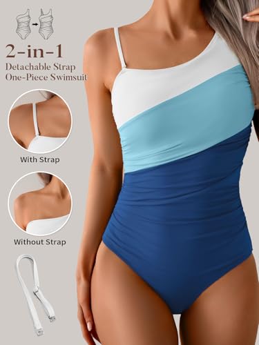 Image of Aidonger One Shoulder One Piece Swimsuit for Women Tummy Control Bathing Suits Color Block Ruched Swim Suit Slimming Swimwear