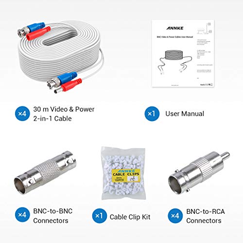 SANNCE 4-Pack 100ft BNC Video and Power Security Camera Cable with BNC Connectors and RCA Adapters for CCTV Camera System (White)
