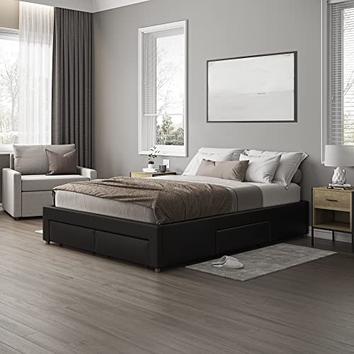 Ztozz Isola Platform Bed With 4 Storage Drawers - Queen Size Faux Leather Upholstered Bed Frame With Roll Out Drawers - Black Color #TOP2