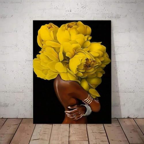 Peinture sur toile de femme africaine avec fleur jaune cadre en bois noir - 7