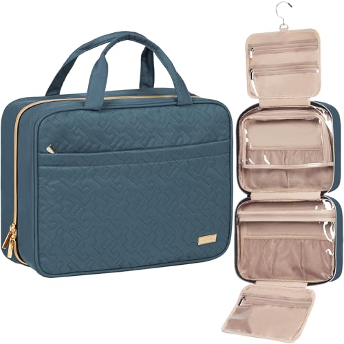 Image of NISHEL Travel Toiletry Bag for women, Portable Hanging Organizer for Family-Sized Shampoo, Conditioner, Brushes Set, Makeup Accessories, Extra Large Size, Lake-Blue