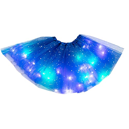 TGUS Jupe tutu pour fille, jupe de princesse, jupe de princesse en tulle plissée à paillettes et étoiles pour filles - Jupe tutu lumineuse à LED - Jupe pour fête de Noël - Bleu, Taille unique