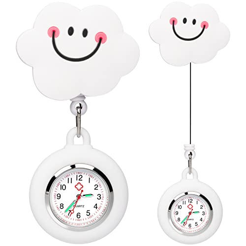 2pcs Montre D'infirmière Montre Gousset Rétractable avec Pince Montre de Poche Montres à Quartz Cadran Lumineux Montre Suspendue Montre Médecin Portable pour Soin Médecin Infirmière (Nuage Blanc) Cover