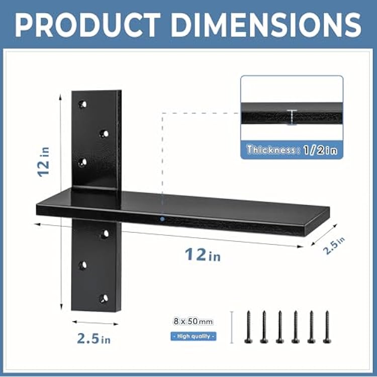 Floating Shelf Bracket Heavy Duty 1/2 Thick Free Hanging Countertop Support Bracket 2 Pack 12 Lx2.5 W Hidden Shelf Bracket for Floating Wall Countertops, Bars, Desks, Bench Seats, Vanities, Mantels