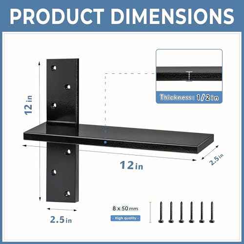 Floating Shelf Bracket Heavy Duty 1/2" Thick Free Hanging Countertop Support Bracket 2 Pack 12" Lx2.5 W Hidden Shelf Bracket for Floating Wall Countertops, Bars, Desks, Bench Seats, Vanities, Mantels by WINKER - Image 2