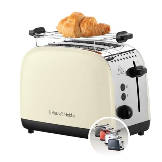 Russell Hobbs Tostadora Colours Plus, 2 Ranuras Cortas y Anchas, Tostador para 2 Rebanadas, Bandeja Recogemigas, Calientapanecillos, Función Cancelar y Descongelar, Acero Inoxidable, Crema, 26551-56
